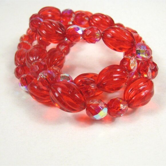 Red Plastic and Glass Beaded Necklace 31 in Vintage Strand Aurora Borealis READ - Picture 15 of 15